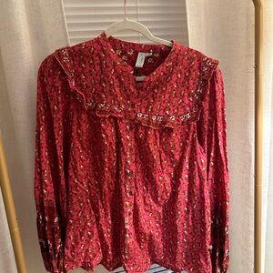 Joie Crimson Floral Blouse with Ruffle Trim